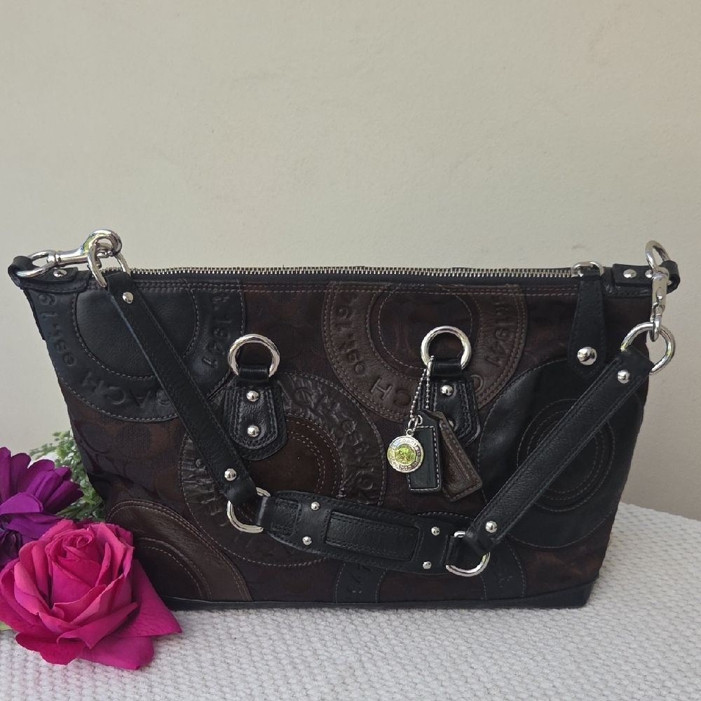 Coach Optic Black Brown Leather Shouder Bag Purse - Picture 2 of 16